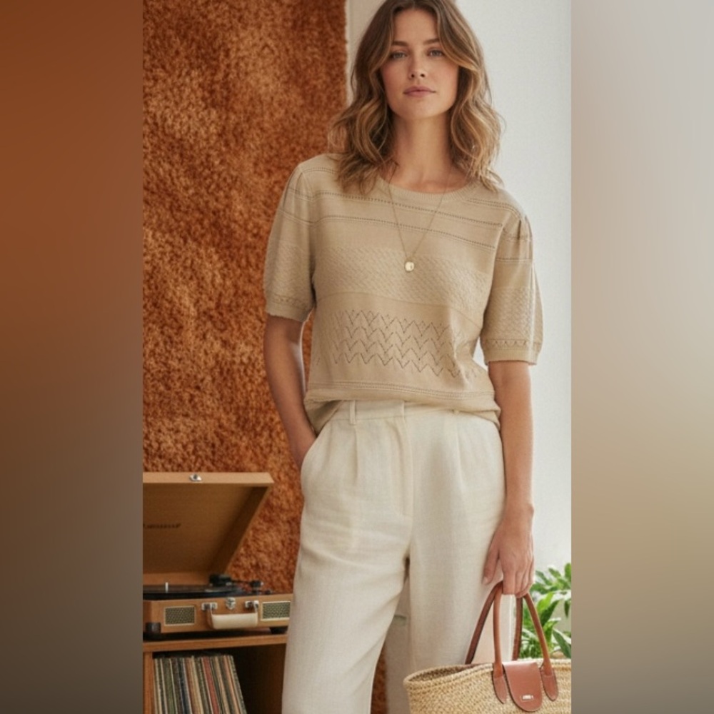 Beige Knit Short Sleeve Top